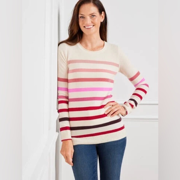 Talbots cashmere crewneck pullover beige base with multicolor stripes size MP - Picture 8 of 8
